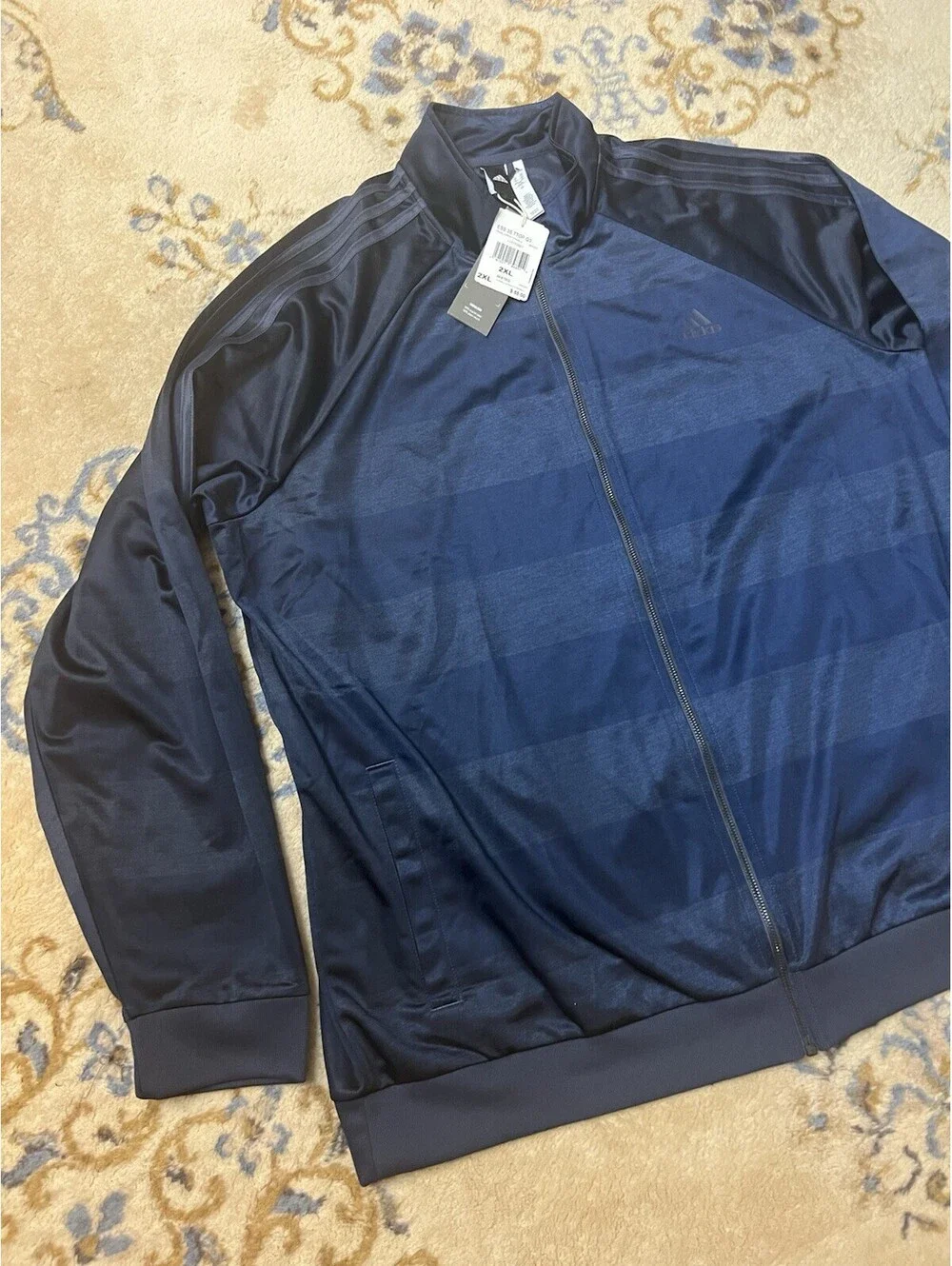 Adidas Jacket Mens 2XL Blue ESS 3S TTOP Q3 Full Zip Striped Logo Athletic Blue